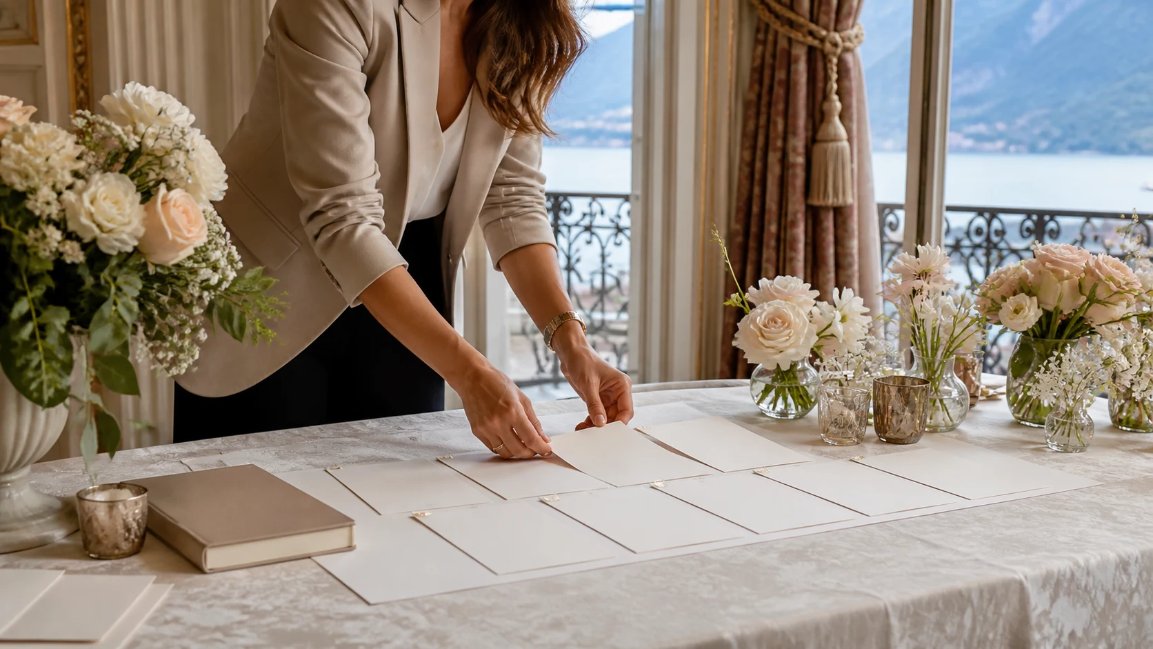 Une organisatrice prépare un rétroplanning de mariage sur une table lumineuse en Suisse romande