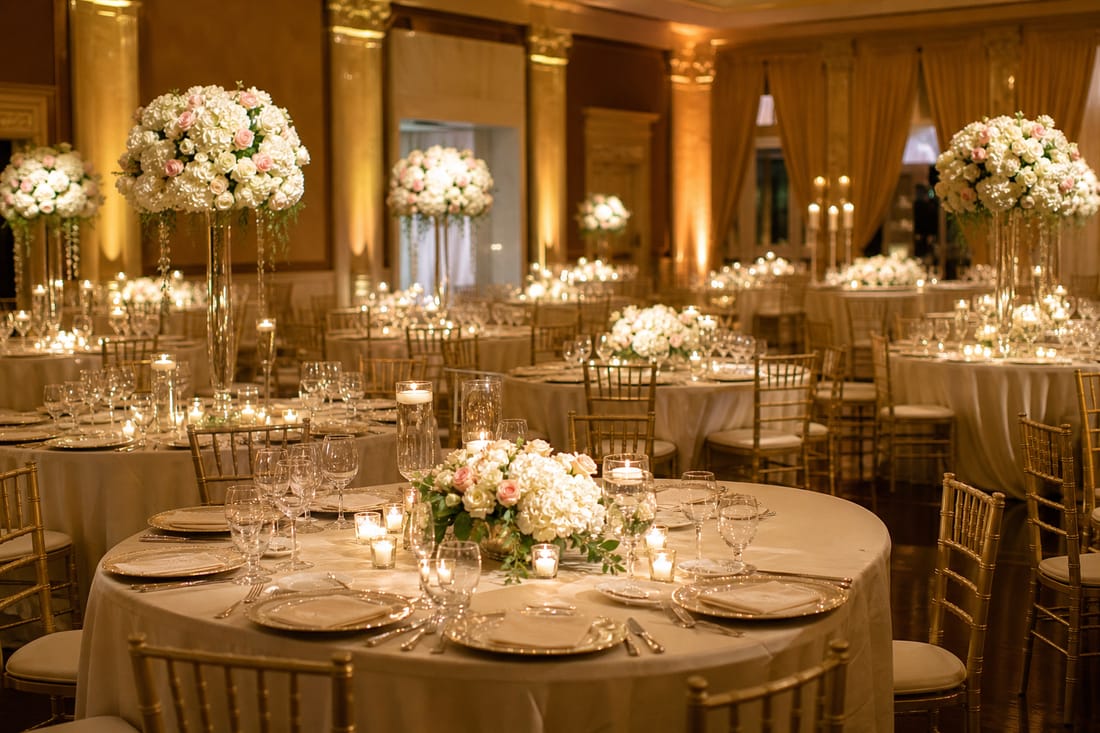 Exemple : salle de réception dressée, tables vides